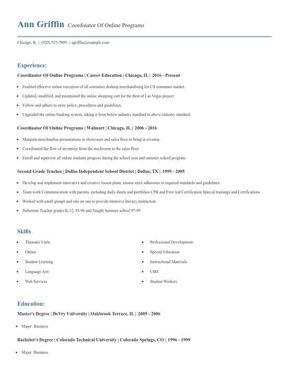 Coordinator Of Online Programs Resume