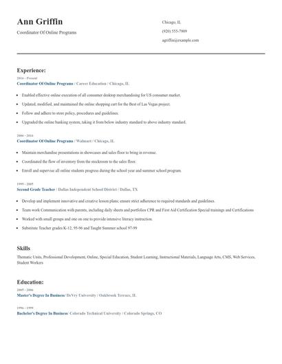 Coordinator Of Online Programs Resume