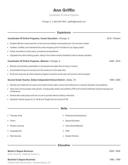 Coordinator Of Online Programs Resume