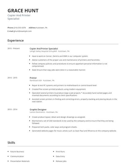 Copier And Printer Specialist Resume