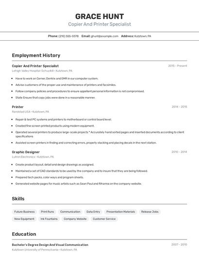 Copier And Printer Specialist Resume