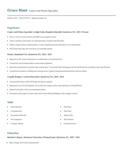 Copier And Printer Specialist Resume