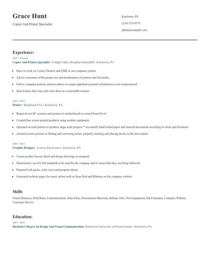 Copier And Printer Specialist Resume