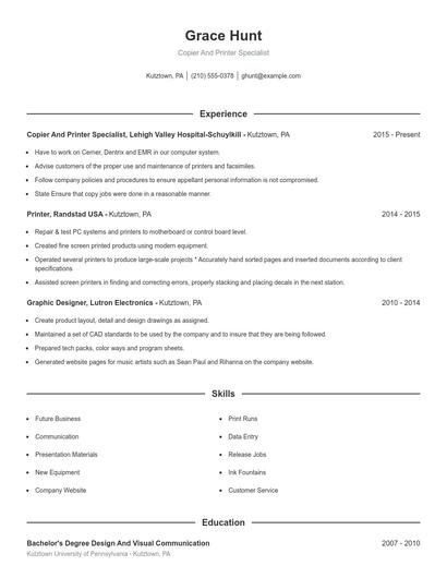 Copier And Printer Specialist Resume
