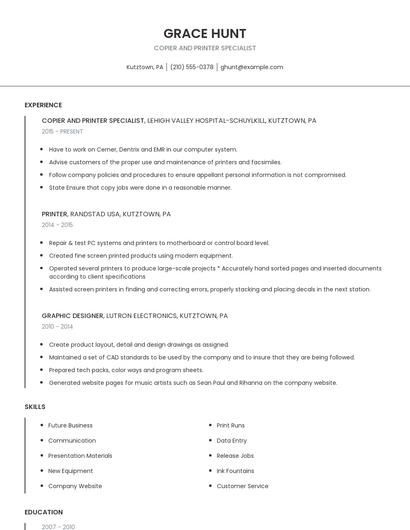Copier And Printer Specialist Resume
