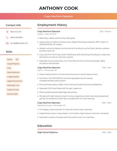 Copy Machine Operator Resume