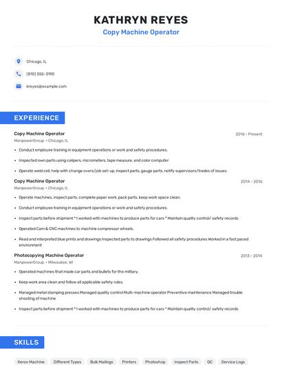 Copy Machine Operator Resume