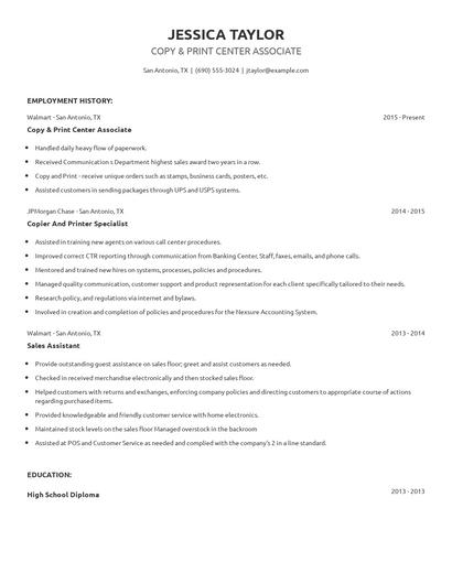 Copy & Print Center Associate Resume
