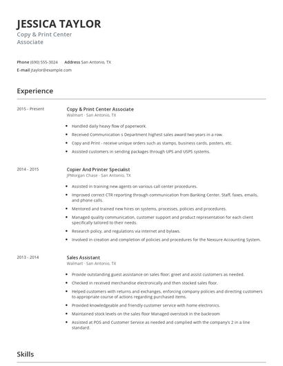 Copy & Print Center Associate Resume