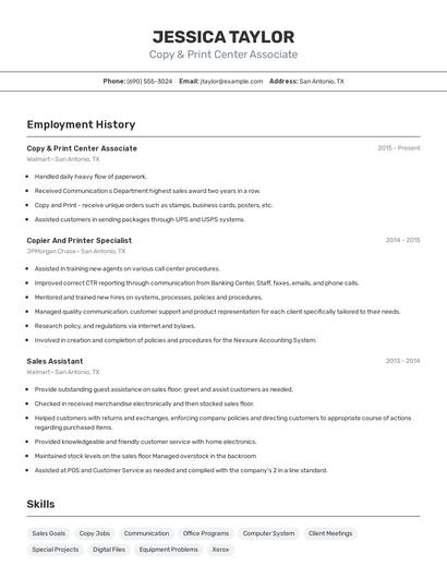Copy & Print Center Associate Resume