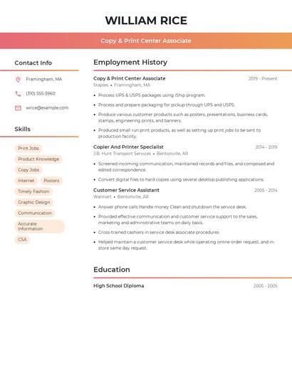Copy & Print Center Associate Resume