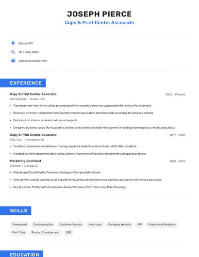 Copy & Print Center Associate Resume