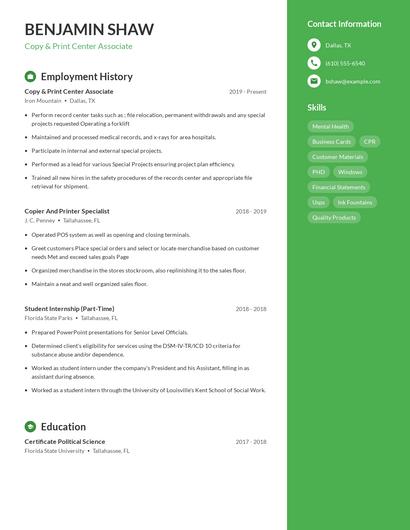 Copy & Print Center Associate Resume