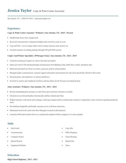 Copy & Print Center Associate Resume