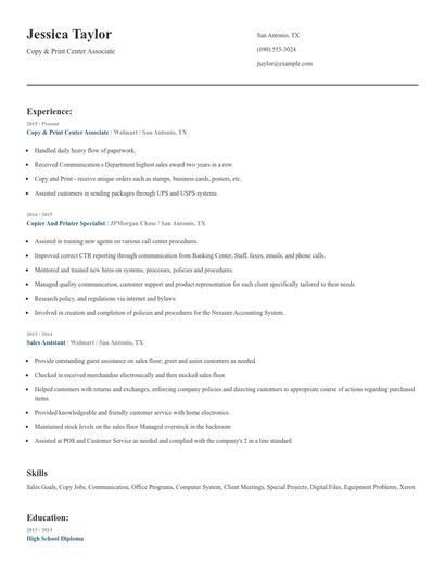 Copy & Print Center Associate Resume