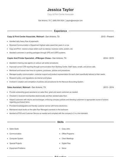 Copy & Print Center Associate Resume