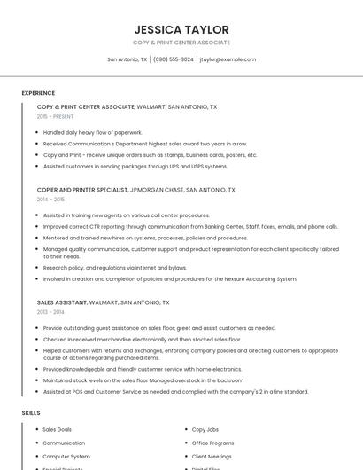 Copy & Print Center Associate Resume