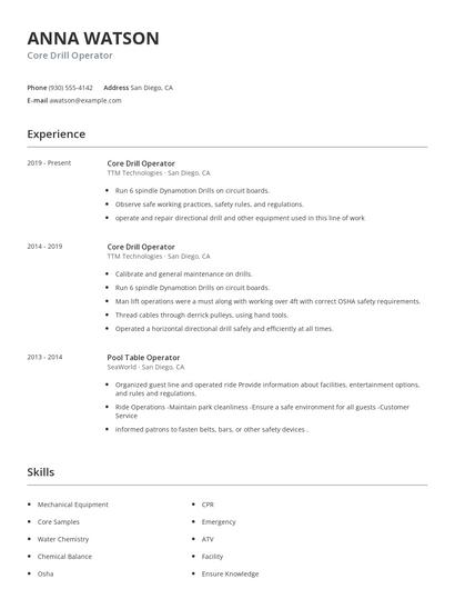 Core Drill Operator Resume