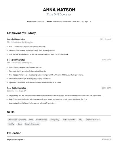 Core Drill Operator Resume