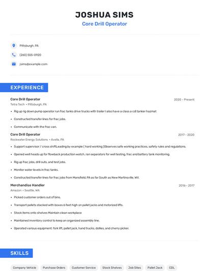 Core Drill Operator Resume