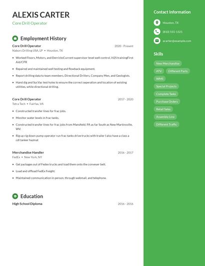 Core Drill Operator Resume