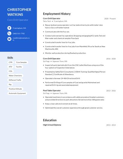 Core Drill Operator Resume