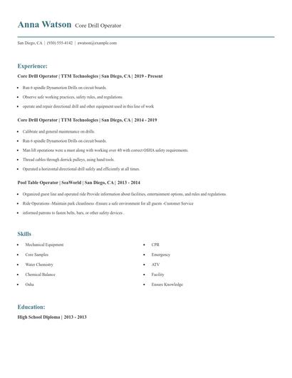 Core Drill Operator Resume