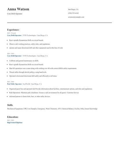 Core Drill Operator Resume