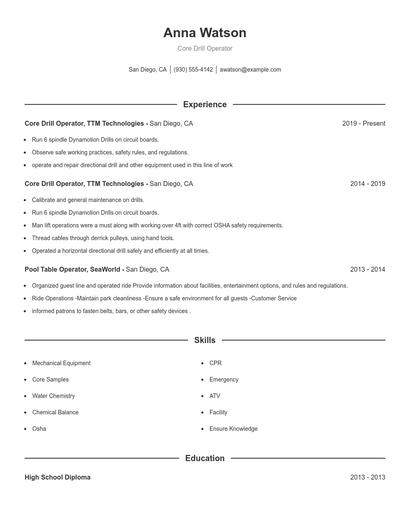Core Drill Operator Resume