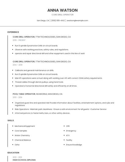 Core Drill Operator Resume