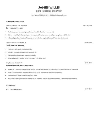 Core Machine Operator Resume