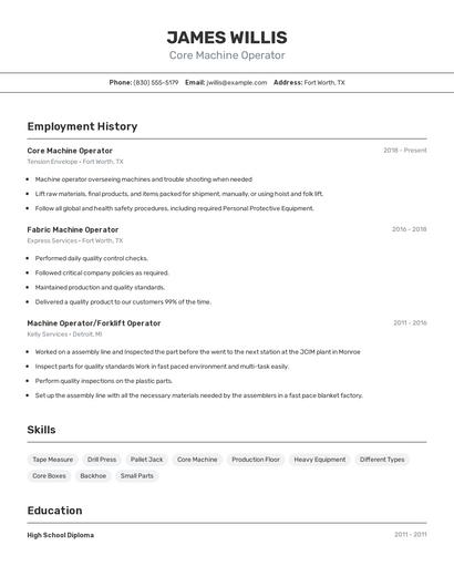 Core Machine Operator Resume