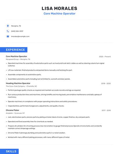 Core Machine Operator Resume