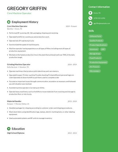 Core Machine Operator Resume
