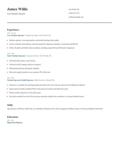 Core Machine Operator Resume