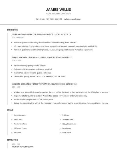 Core Machine Operator Resume