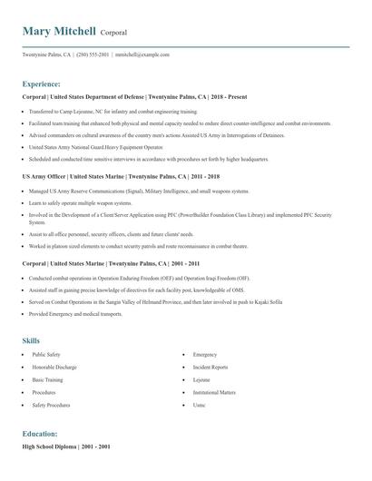 Corporal Resume