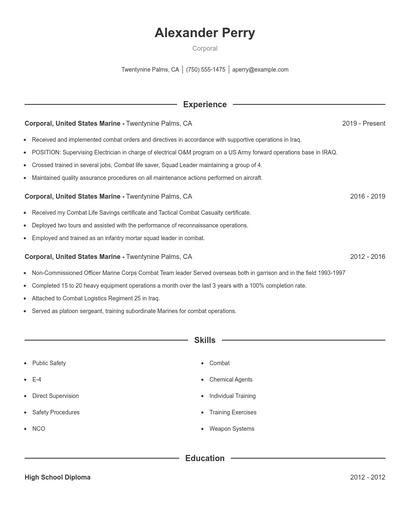 Corporal Resume