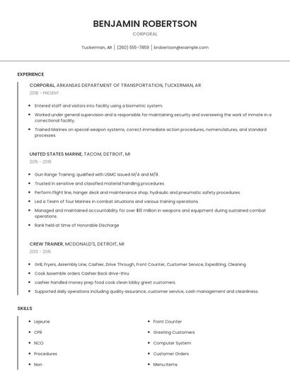 Corporal Resume