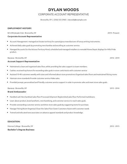 Corporate Account Representative Resume