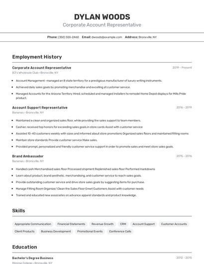 Corporate Account Representative Resume