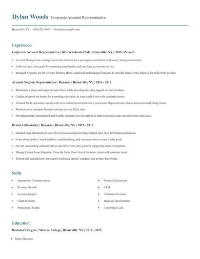Corporate Account Representative Resume