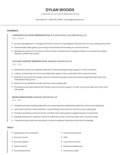 Corporate Account Representative Resume