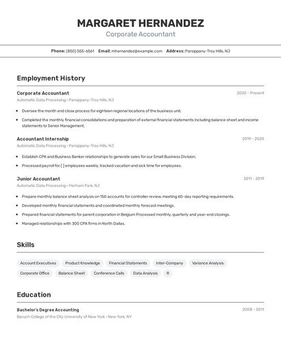 Corporate Accountant Resume