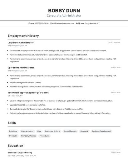 Corporate Administrator Resume
