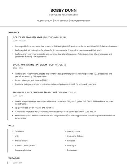 Corporate Administrator Resume