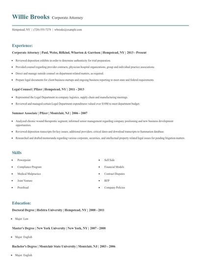 Corporate Attorney Resume