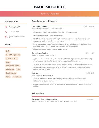Corporate Auditor Resume