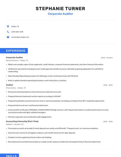 Corporate Auditor Resume