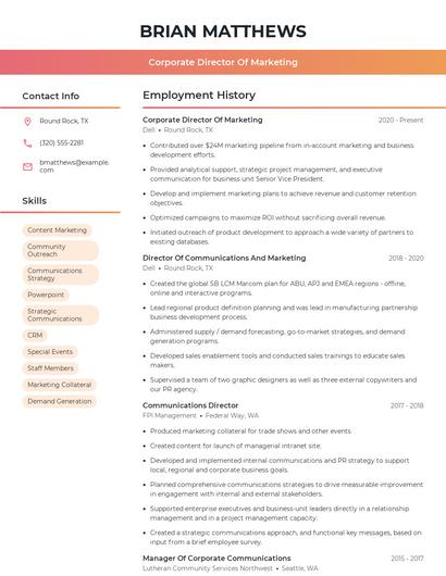 Corporate Director Of Marketing Resume